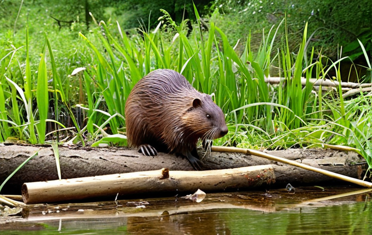 **
A beaver diligently building a dam in a lush, green landscape. The dam is creating a wetland environment, teeming with insects, amphibians, and birds. The scene showcases the positive impact of a keystone species on ecosystem regeneration. Focus on the vibrant biodiversity and the beaver's transformative work. The scene should be set in a typical German riparian environment.
**