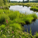 A lush wetland restoration project in Germany, showcasing diverse native plant species and thriving wildlife. The image should convey a sense of ecological recovery and the positive impact of conservation efforts on biodiversity. Focus on the visual elements of restored habitats for key species.