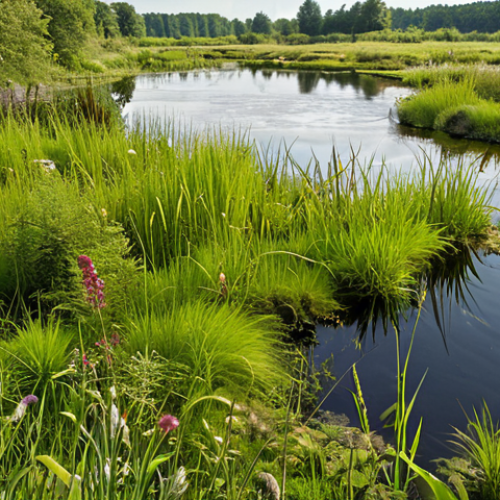 Home 14 A lush wetland restoration project in Germany, showcasing diverse native plant species and thriving wildlife. The image should convey a sense of ecological recovery and the positive impact of conservation efforts on biodiversity. Focus on the visual elements of restored habitats for key species.