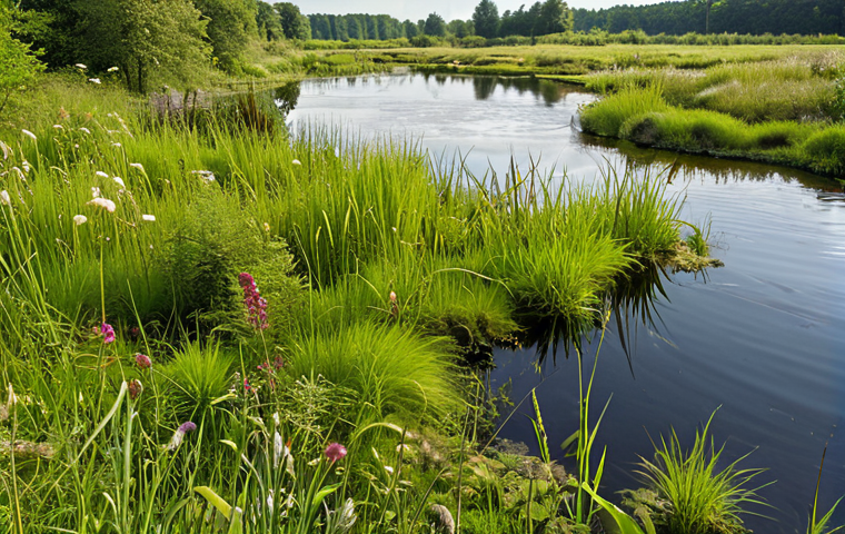 A lush wetland restoration project in Germany, showcasing diverse native plant species and thriving wildlife. The image should convey a sense of ecological recovery and the positive impact of conservation efforts on biodiversity. Focus on the visual elements of restored habitats for key species.