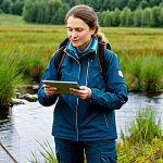 A focused female ecologist in professional, modest field attire, including a practical jacket and sturdy trousers, fully clothed, appropriate attire. She stands at a meticulously managed German ecological restoration site, perhaps a renatured moorland or a riverbank, holding a tablet displaying GIS data. In the background, a small drone is visible. The scene captures active scientific work in a natural, yet expertly managed, landscape. Professional photography, soft natural light, vibrant colors, high detail, safe for work, appropriate content, fully clothed, professional, perfect anatomy, correct proportions, natural pose, well-formed hands, proper finger count, natural body proportions, family-friendly.