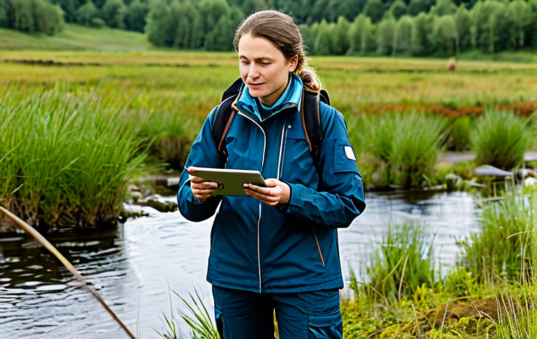 A focused female ecologist in professional, modest field attire, including a practical jacket and sturdy trousers, fully clothed, appropriate attire. She stands at a meticulously managed German ecological restoration site, perhaps a renatured moorland or a riverbank, holding a tablet displaying GIS data. In the background, a small drone is visible. The scene captures active scientific work in a natural, yet expertly managed, landscape. Professional photography, soft natural light, vibrant colors, high detail, safe for work, appropriate content, fully clothed, professional, perfect anatomy, correct proportions, natural pose, well-formed hands, proper finger count, natural body proportions, family-friendly.