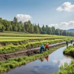 Home 9 생태복원 프로젝트 계약서 작성 가이드 - **Prompt:** A vibrant European river landscape undergoing restoration. In the foreground, a team of ...