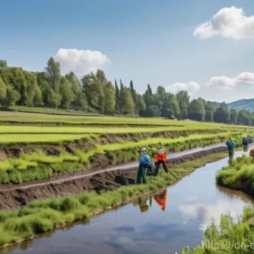 Home 21 생태복원 프로젝트 계약서 작성 가이드 - **Prompt:** A vibrant European river landscape undergoing restoration. In the foreground, a team of ...
