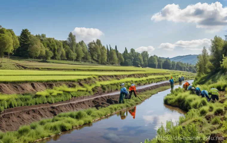 생태복원 프로젝트 계약서 작성 가이드 - **Prompt:** A vibrant European river landscape undergoing restoration. In the foreground, a team of ...