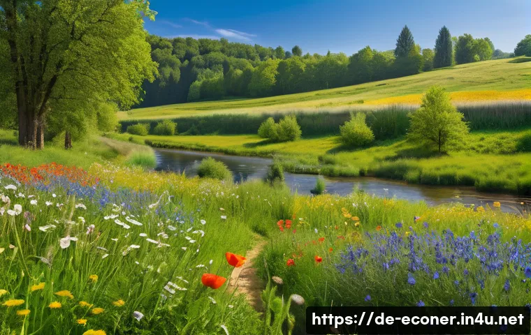 자연생태복원기사 실무 경험 공유 - A vibrant restored meadow in a German rural landscape during spring, showcasing a diverse array of n...