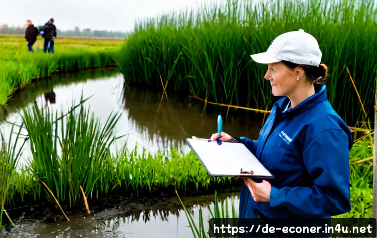 자연생태복원기사의 법적 책임과 권리 - Photorealistic environmental restoration professional in a German wetland reserve, wearing practical...